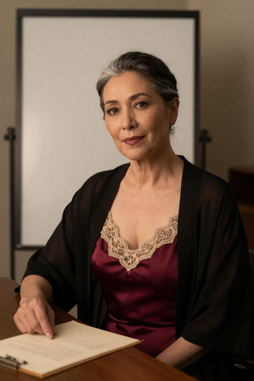 Fictional 45-year-old woman, black hair with silver strands drawn into a low chignon, warm skin, composed